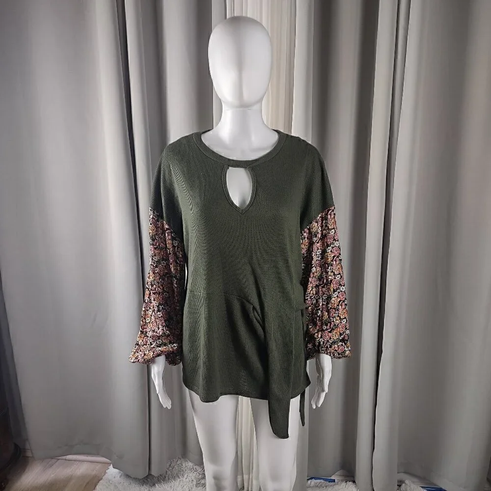 Daytrip Dusty Olive Mixed Media Free Spirit Floral Sleeve Side Tie Top Sz S (NWT - Picture 2 of 14
